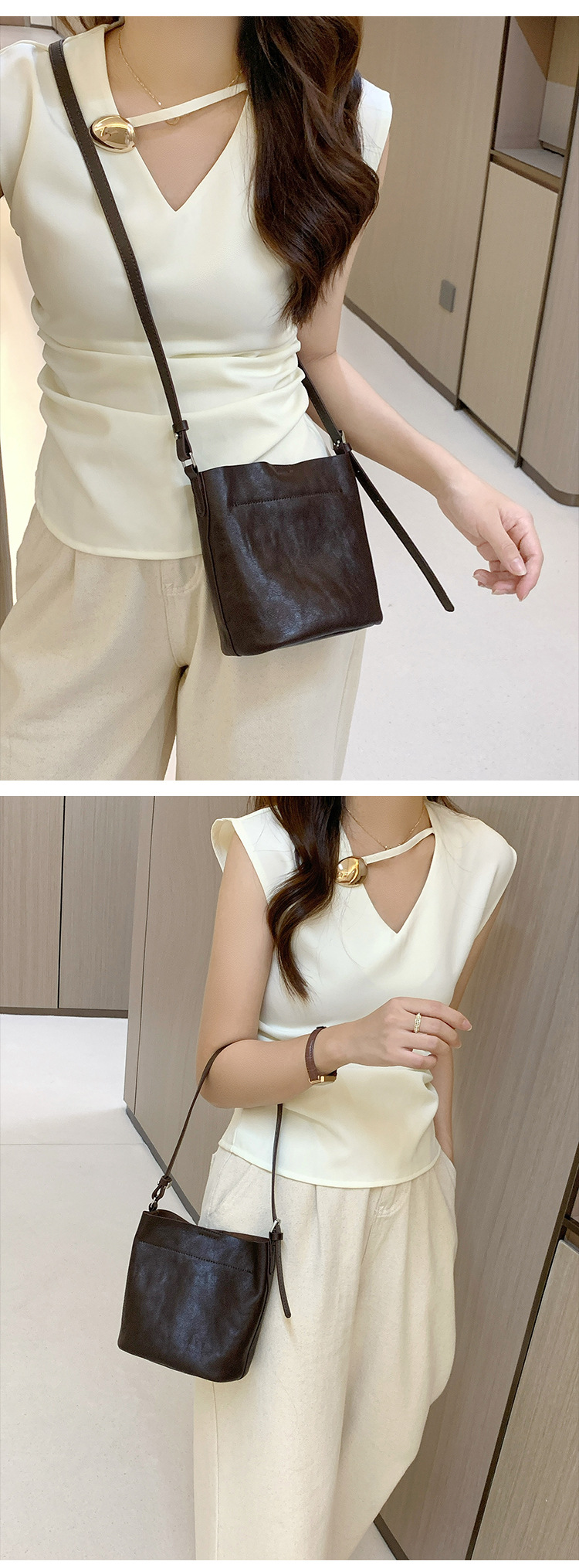 【 Genuine leather 】 Head layer cowhide bucket minimalist style single shoulder armpit women's crossbody small bag_voghion.com