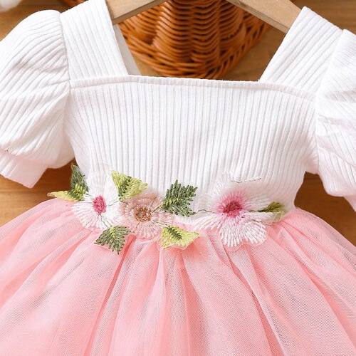  Summer New Korean-style Dress for Girls, Children's One-Year-Old Birthday Gown, Floral Mesh Princess Dress