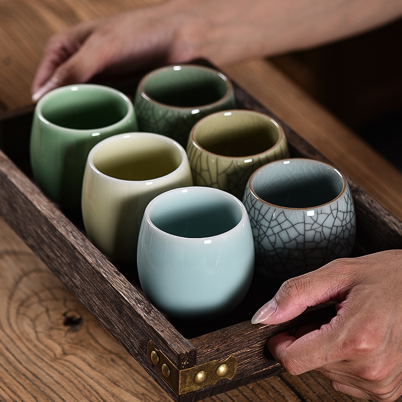 9WOR Celadon Tea Cup Water Cup Goryeo Ice Crackle Ceramic Tea Cup Single Cup Straight Mouth Tea Drinking Cup Office Living Room Home Use