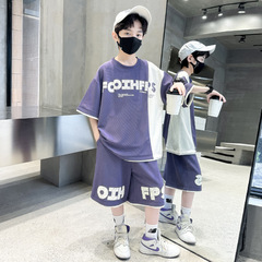 男童撞色字母套裝夏季2024新款中大童男孩休閒運動服短袖兩件套潮