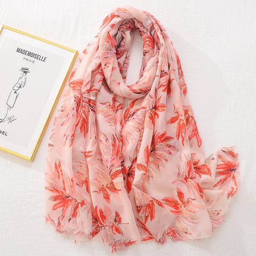 New European and American Gold-Embossed Leaf Shawl: Spring/Summer Sun-Protection Silk Scarf, Autumn/Winter Fashionable & Stylish Decorative Cotton-Linen Feel Scarf