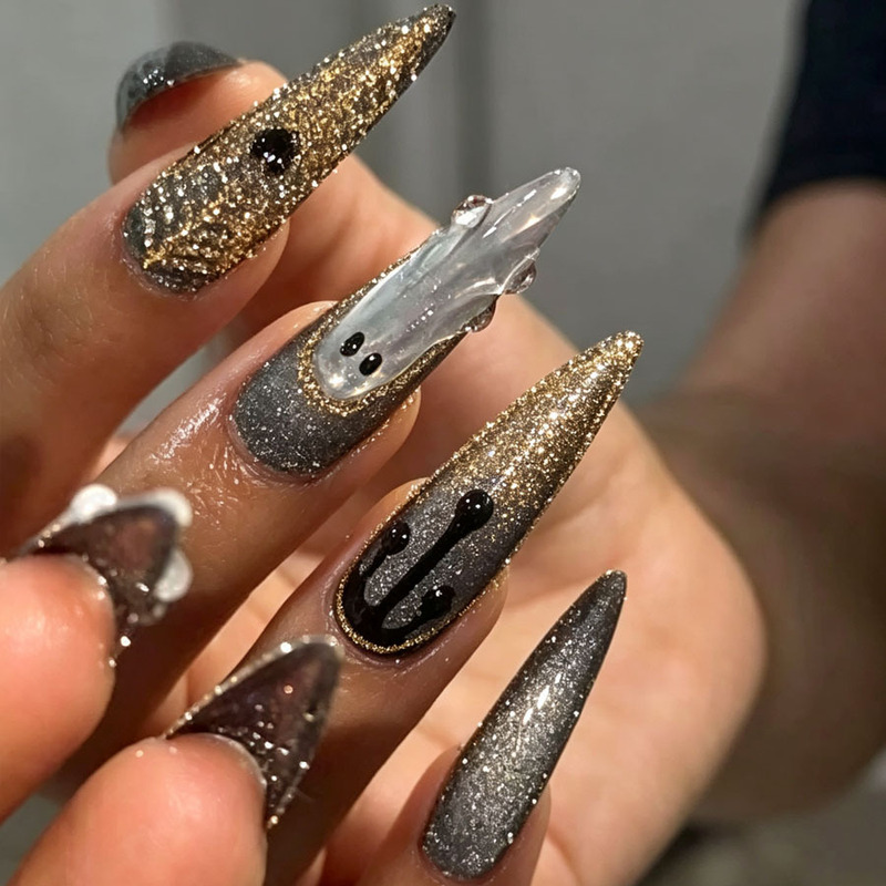 24 pieces of new cross-border Halloween long pointed press-on nails with French style ghost spider web glitter heart nail art