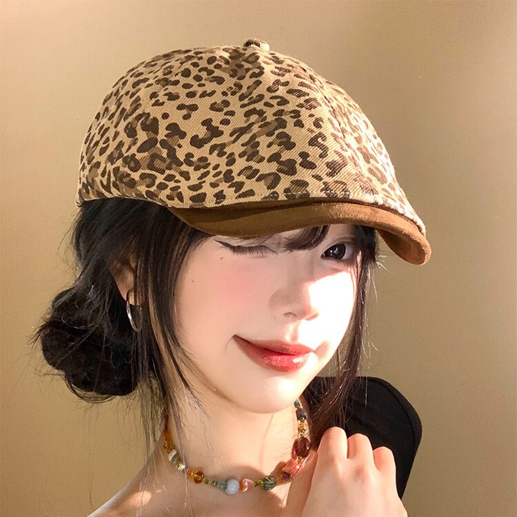 美式复古辣妹风豹纹前进帽大头围显脸小帽子女款春秋百搭贝雷帽潮|undefined