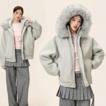 毛呢外套男冬季加厚大毛领座山雕棉服美式重磅呢料棉衣连帽棉袄女