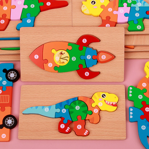 跨境儿童3d木质立体拼图积木批发婴幼儿宝宝益智早教智力木制玩具