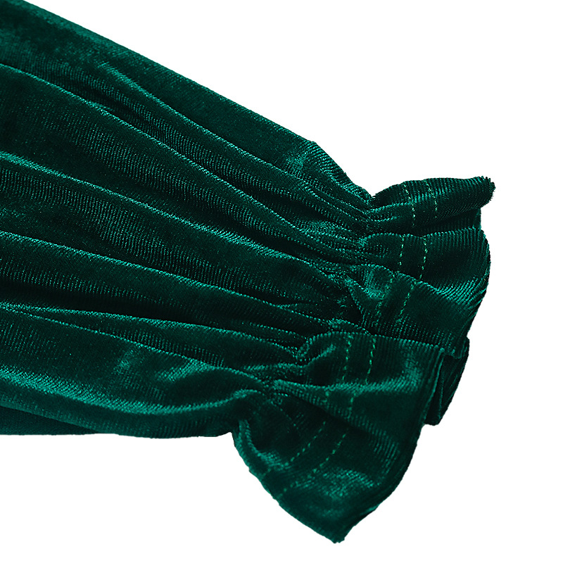 Vestido feminino de veludo em linha A – Vestido elegante retrô com manga curta e decote em V (mangas lanterna esvoaçantes, cintura alta, tecido de veludo macio)_voghion.com