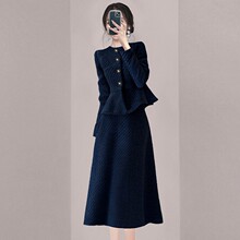 连衣裙女毛呢2025新款春秋冬季高级感小香风蓝色收腰显瘦两件套装
