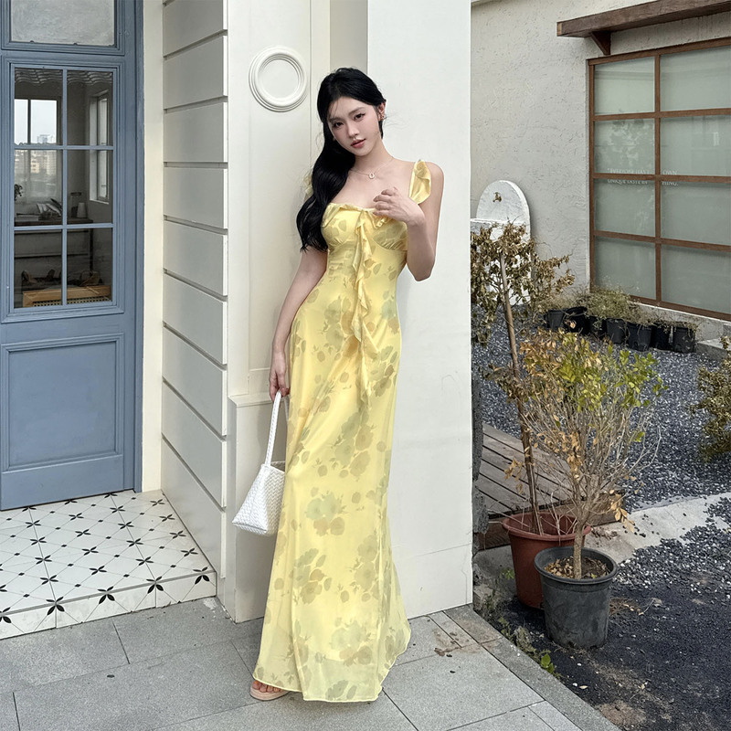 伊莉雅荷叶边印花连衣裙女 法式夏季甜美收腰气质连衣裙女JY25365|undefined