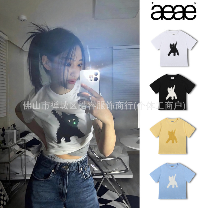 [in Stock] Aeae Cat Glowing Eyes Slim Fit Short Cotton Regular Shoulder Short Sleeve T-Shirt for Women Summer Dopamine
