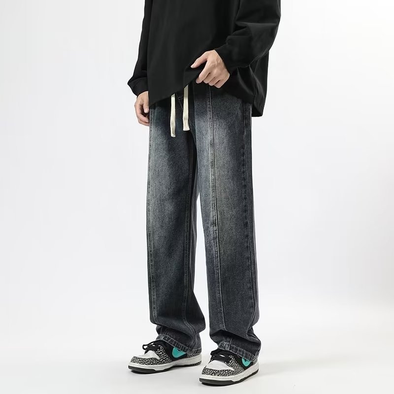 Pantalones vaqueros degradados de la marca de moda de los hombres ins pantalones casuales de la calle alta pantalones de trapeador de pierna ancha rectos sueltos con cordón de vaca