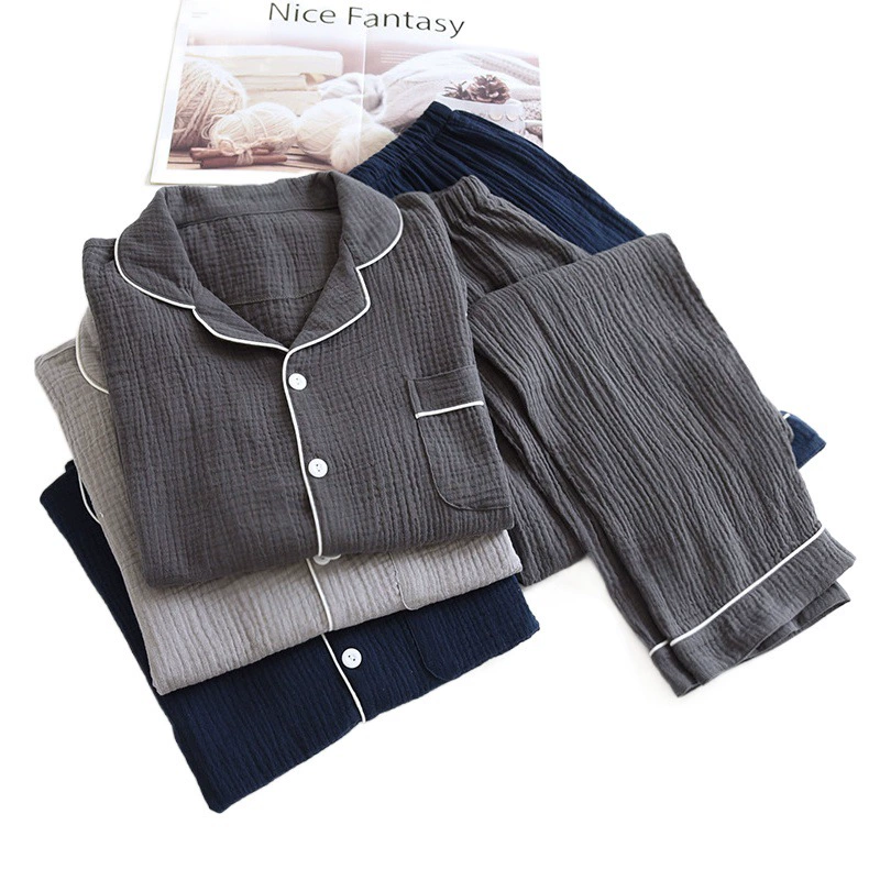 Фабрика прямые поставки хлопка мужские пижамы костюм свободная весна и осень Двойная марля плюс размер хлопок креп с длинным рукавом оптом