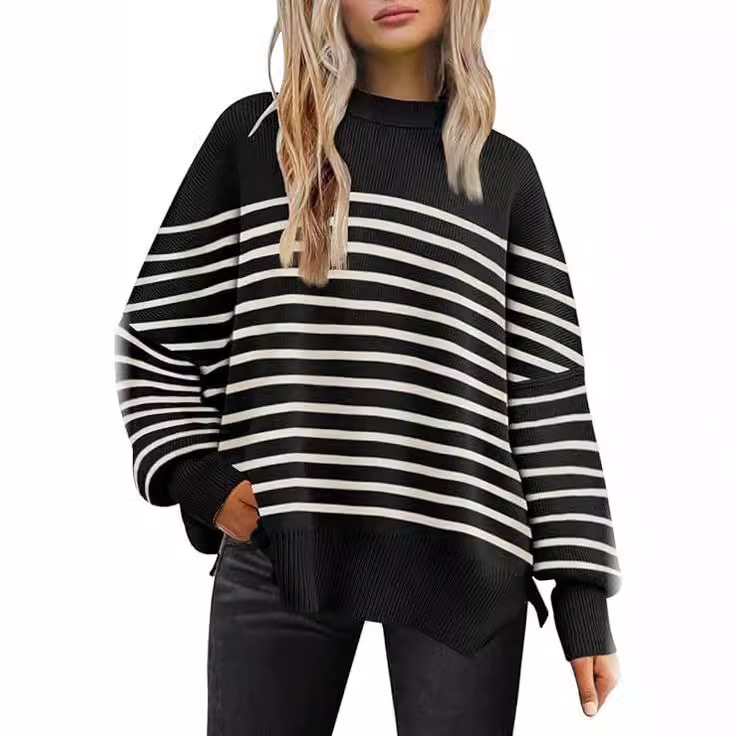 European and American round neck batwing long-sleeved sweater 2024 Amazon spring and autumn loose knitted side slit pullover women