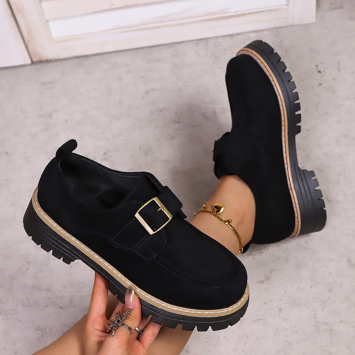 Plus Size Damen-Loafer mit Blockabsatz und Schnalle im britischen Stil, niedrige Schuhe, Herbstneuheit_voghion.com
