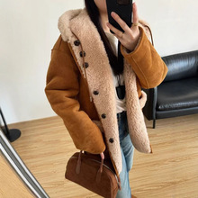 两面穿！真毛皮草女2025冬新款羊剪绒麂皮绒皮毛一体连帽中长外套