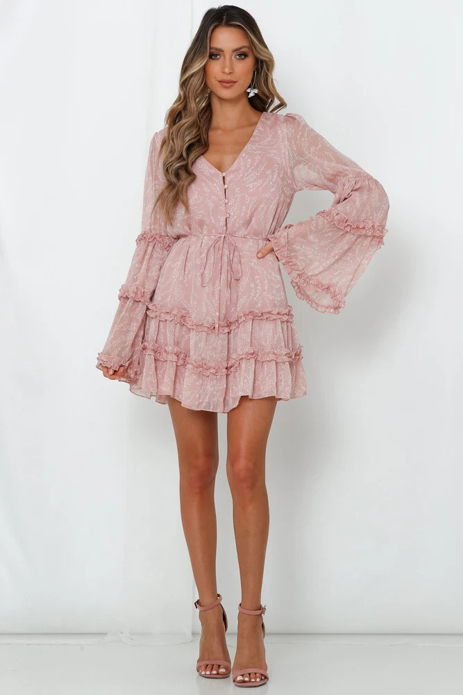 summer mesh long-sleeved waist-girding short layered chiffon dress  NSCXY121798