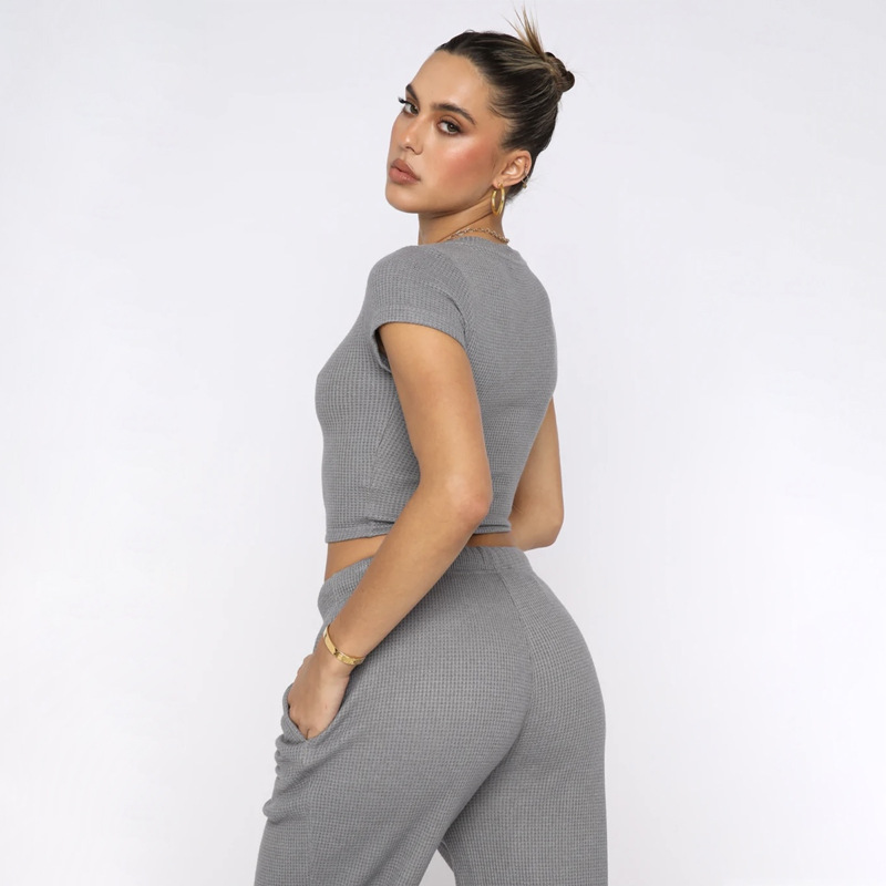 Spring Summer Solid Color Waffle round Neck Short Sleeve Women Clothing Casual Trousers Sets 64 Spring Summer Solid Color Waffle round Neck Short Sleeve Women Clothing Casual Trousers Sets