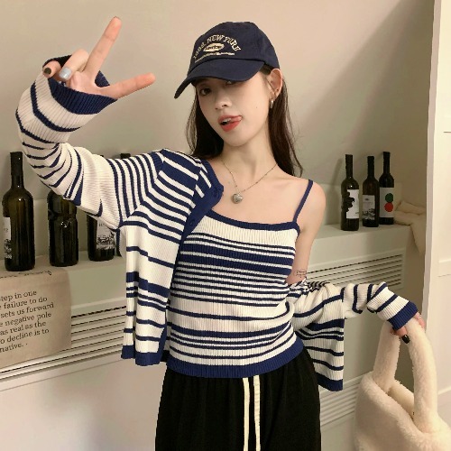 撞色条纹长袖针织开衫女韩版气质早秋内搭打底吊带背心上衣两件套|undefined