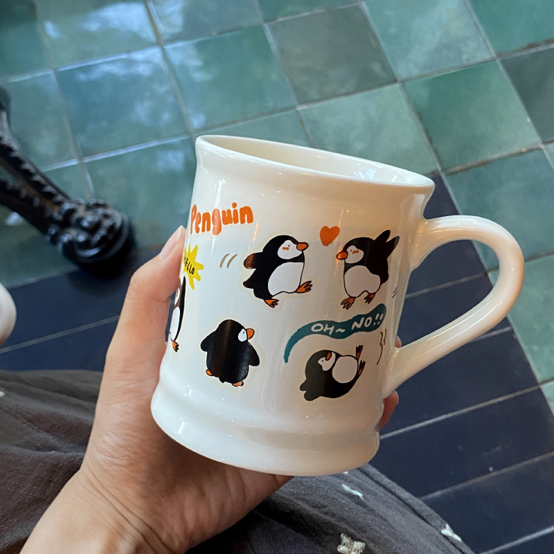 复古小众涂鸦企鹅陶瓷马克杯 可爱小动物水杯杯垫 情侣礼物350ml|undefined