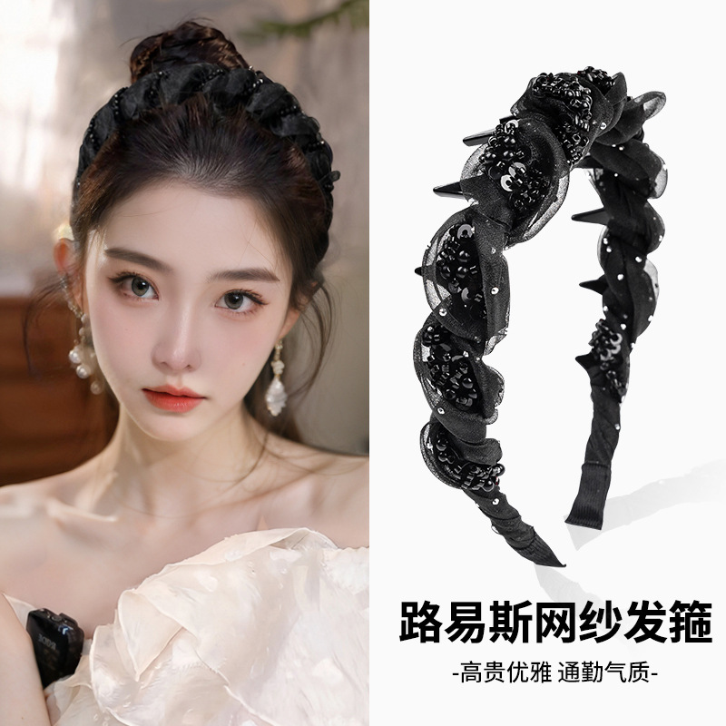 Banda de cabello de malla de encaje coreana primavera y verano alta cráneo pinza de cabello dulce pliegue paquete de cabello muestra cara pequeña banda de cabeza de ballet blanco