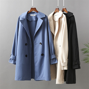 Chubby MM2021 Spring New Large Size Top Korean Style Elegant Age-reducing Long Double-breasted Stand Collar Coat 6620