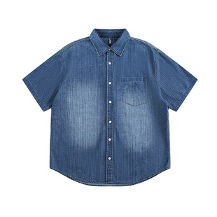 Jiayi Library Men's 2025 Summer Shirt Short-sleeved Men's High-end American Style Retro Washed Denim Shirt Vertical Stripe