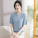 中老年女装大码宽松妈妈装夏季上衣时尚镂空针织衫冰丝短袖T恤，女装针织衫/毛衣，妃慕昵服饰