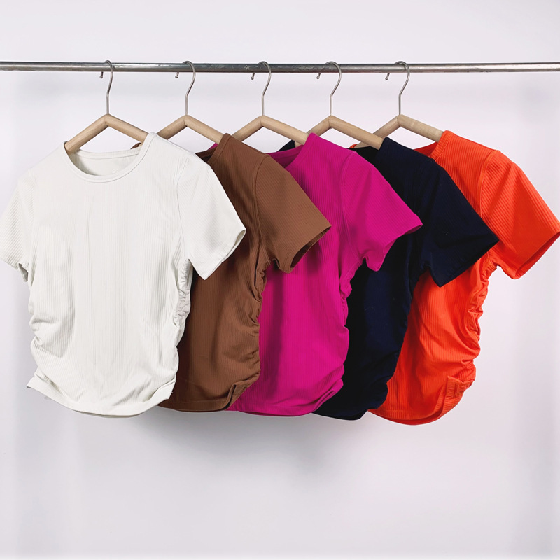 Yoga Wear for Women, Short-Sleeved Round-Neck T-Shirt, Ribbed Slim-Fit Fitness Wear, Sports Top, Pilates Training Wear, Quick-Drying