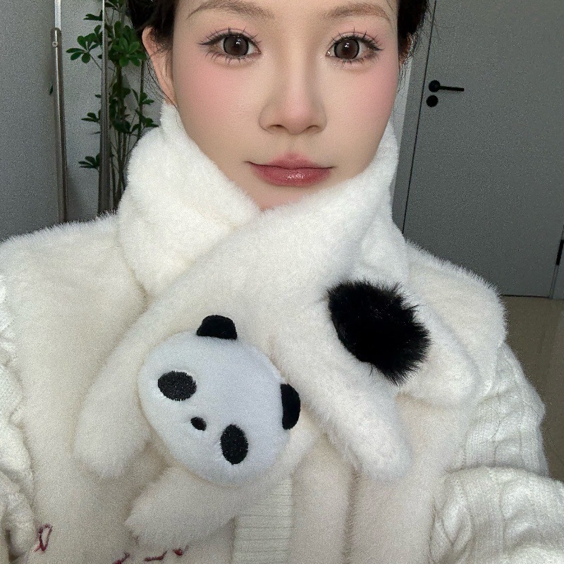 新款秋冬季仿兔毛绒围巾女网红韩版可爱熊猫卡通保暖围巾可爱围脖|undefined