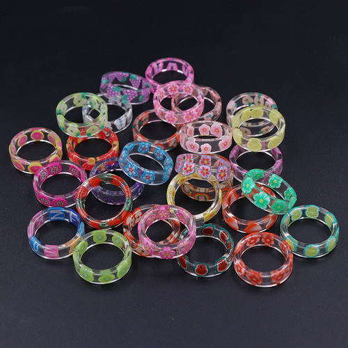  Fruit Strawberry Resin Soft Clay Cartoon Ring Colorful Cute Transparent Small Ring Sakura Petal Women’s Ring