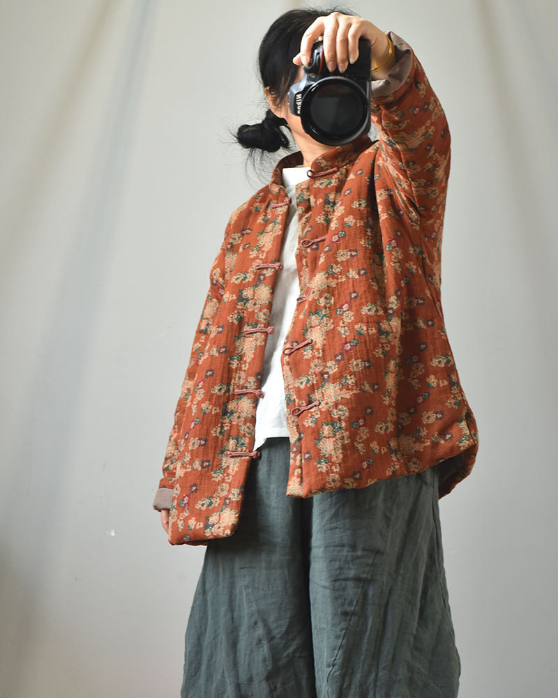Naran/original plus size cotton and linen women's clothing Chinese cardigan stand collar casual cotton-padded clothes vintage printed warm cotton-padd_voghion.com