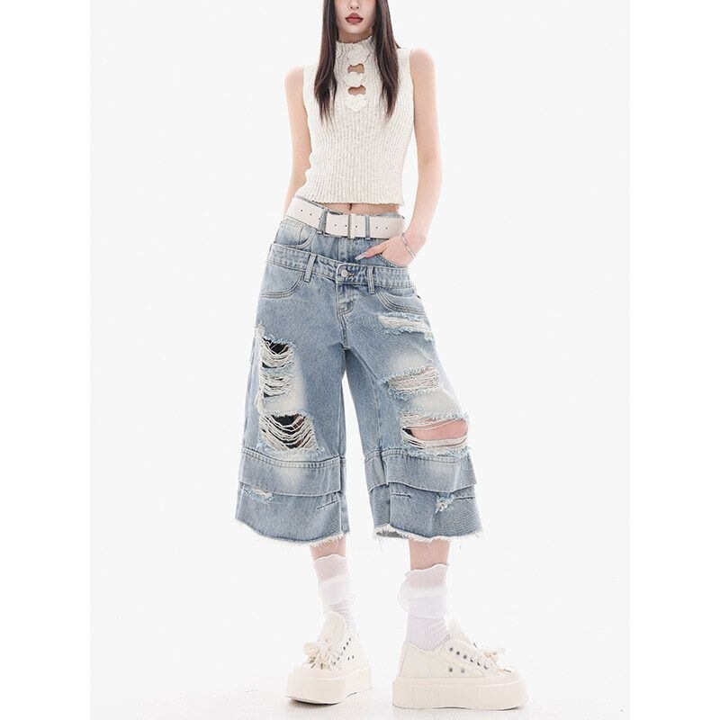 American-Style Summer Washed Vintage Cropped Shorts, Ripped Denim Straight-Leg Pants, High-Waisted Loose Wide-Leg Cropped Pants, Trendy