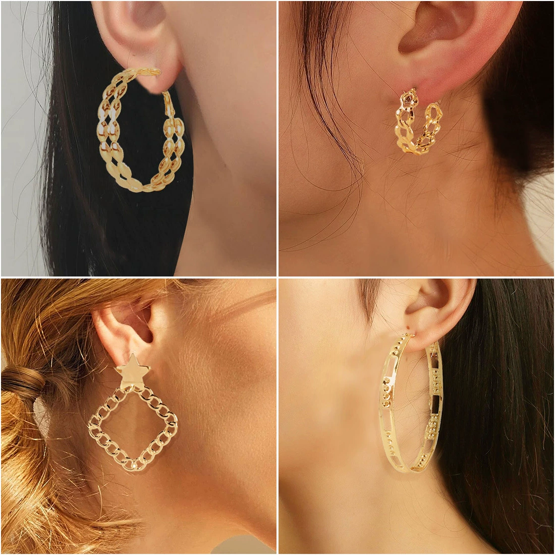 Retro earrings, metal square fashionable chain, European style