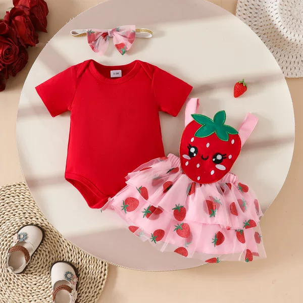 Summer New Sweet Strawberry Flower Short-sleeved Hassle Strap Mesh Double Skirt Hair Strap Amazon Skirt Set