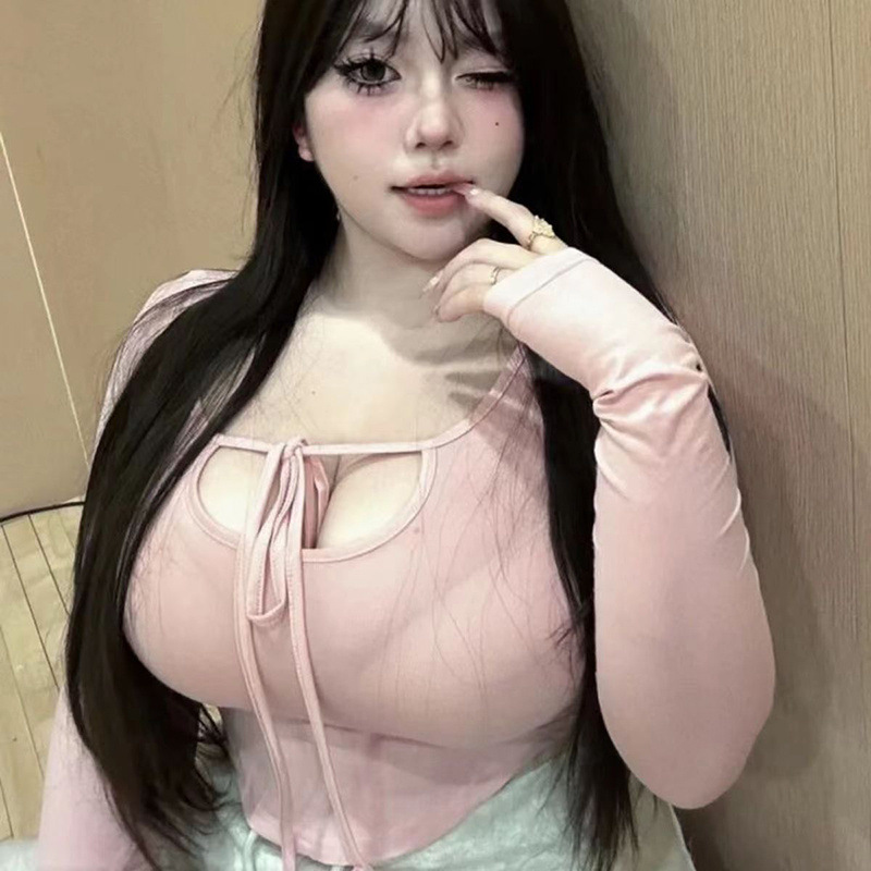 chubby girl plus size 150.00kg Elegant Sweet Spice Girls Pure Want Lace-up Hollow Long Sleeve Inner Women's Flesh-Covering Slimming Top nv