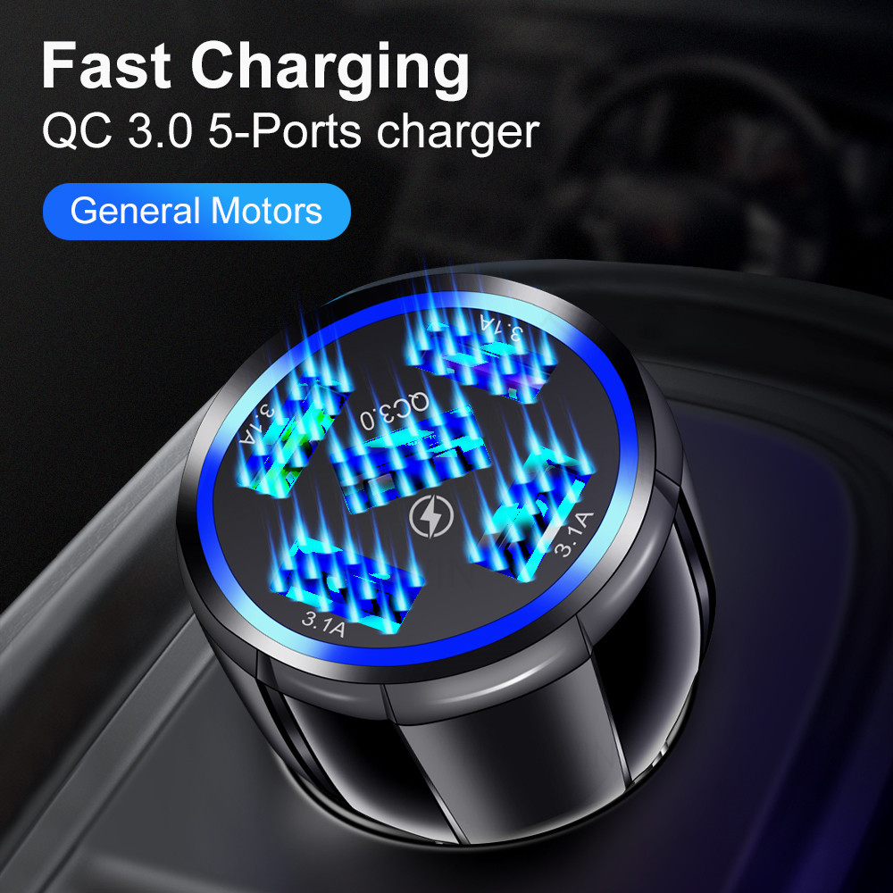 15A發光車充5USB多孔 QC3.0 雞腿車載充電器 5V9V12V智能快充批發
