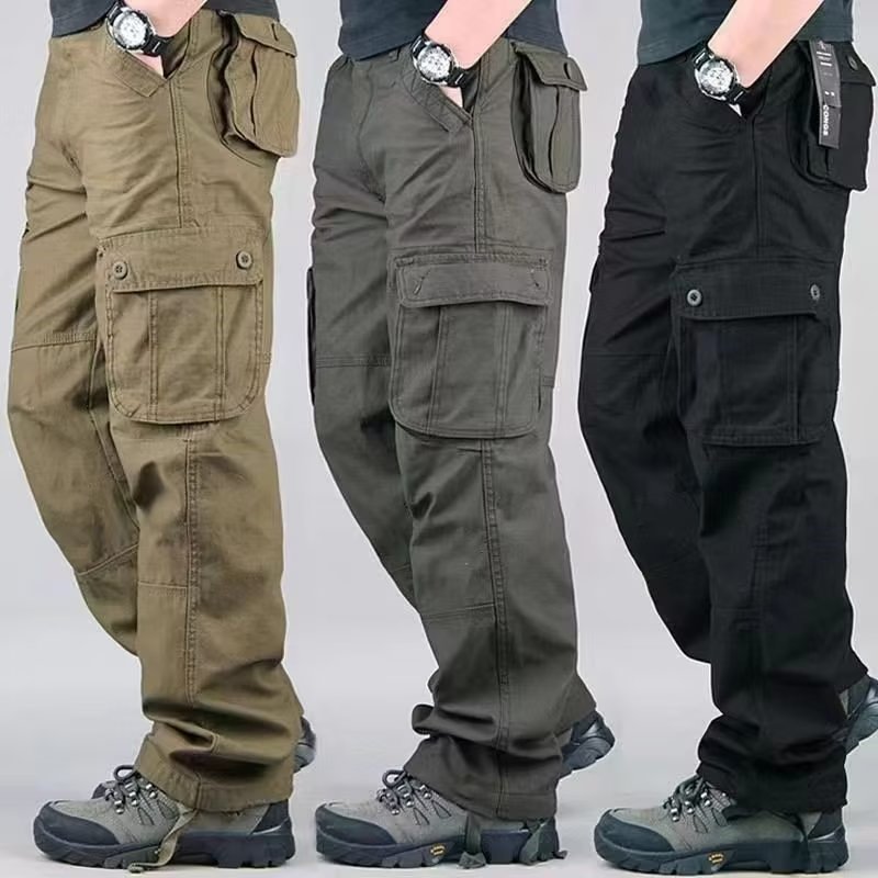 Cross-Border High-Quality Men's Casual Cotton Cargo Pants with Elastic Waist, Plus Size, Loose Fit, Multi-Pocket Design Work Pants