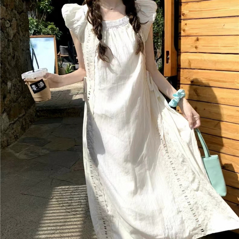 French-Style Gentle Hollow-Out Flutter Sleeve Tie Dress, New Summer Dopamine Ruched Elegant Long Dress Ins French-Style Gentle Hollow-Out Flutter Sleeve Tie Dress, New Summer Dopamine Ruched Elegant Long Dress Ins