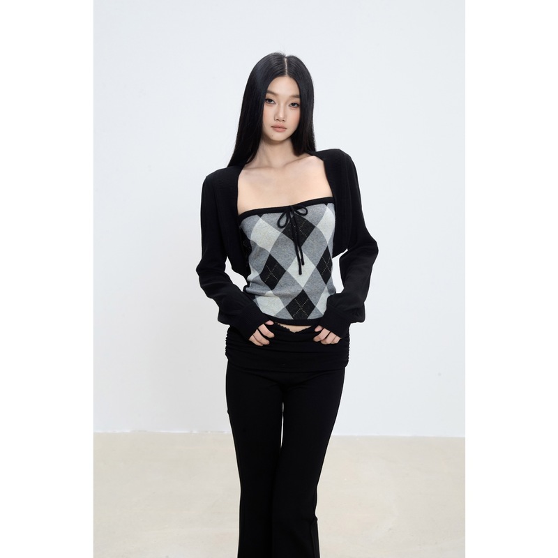 WITHMIN 辣妹抹胸针织衫上衣秋季宽松短款黑色长袖开衫外套女套装|undefined
