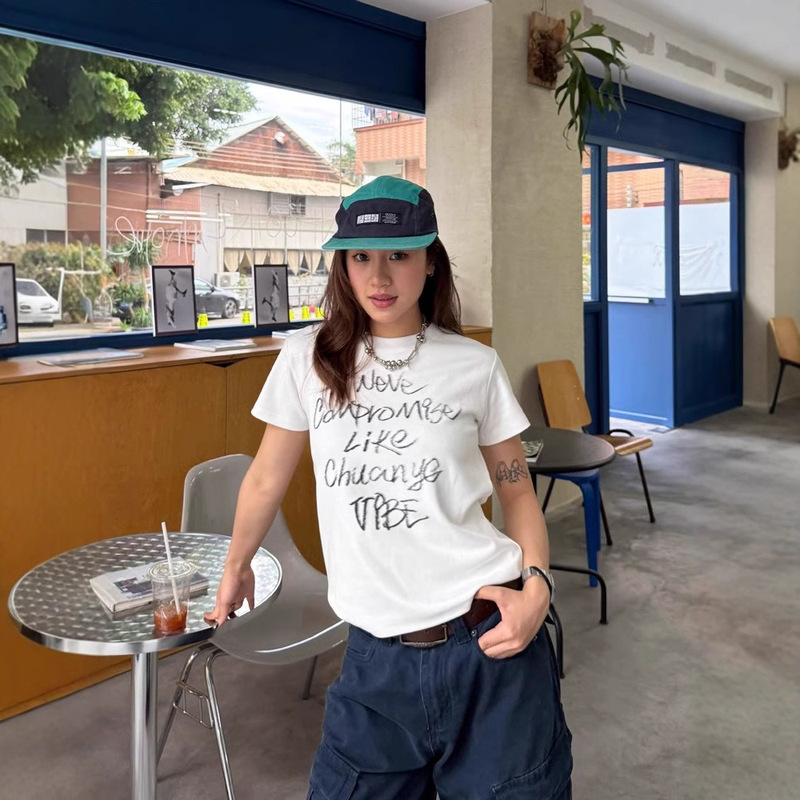 Original Letter Printing Shoulder Short-sleeved T-shirt Women's Casual All-match New Summer Round Neck Spice Girl Top Women's Instagram Style Trendy