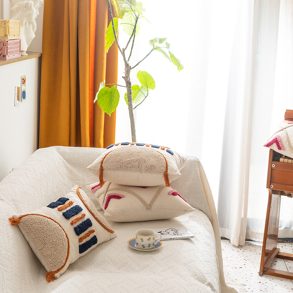 Marokkói stílusú, skandináv stílusú pamutvászon hurok bársony sztereó geometria fürtözött hímzett kanapépárna modellszoba párnahuzat_voghion.com