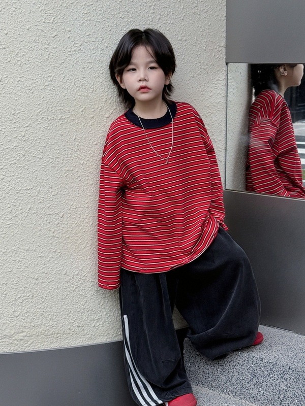 アンチ子供用Tシャツ、男の子、中型、大型子供用ストライプリッピングトップ、トレンディなルーズボトムシャツ、長袖レトロ|undefined
