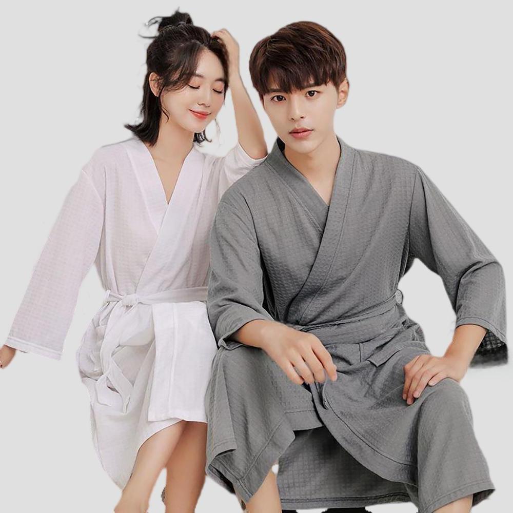 Spring and Autumn Couple Nightgown Waffle Long Sleeve Hotel Bathrobe Men's and Women's Morning Robe Couple Pajamas Mid-Length Home Clothes