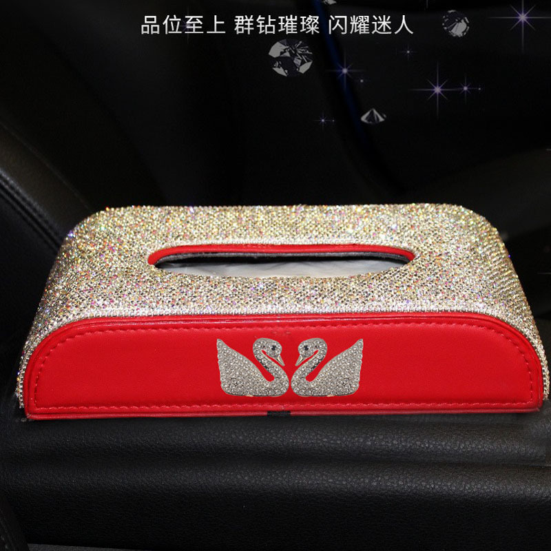 Caja de dibujo de doble cisne, caja de pañuelos de coche con diamantes, decoración de coche, consola central, caja de pañuelos, caja de reposabrazos, diamantes de imitación, mujer