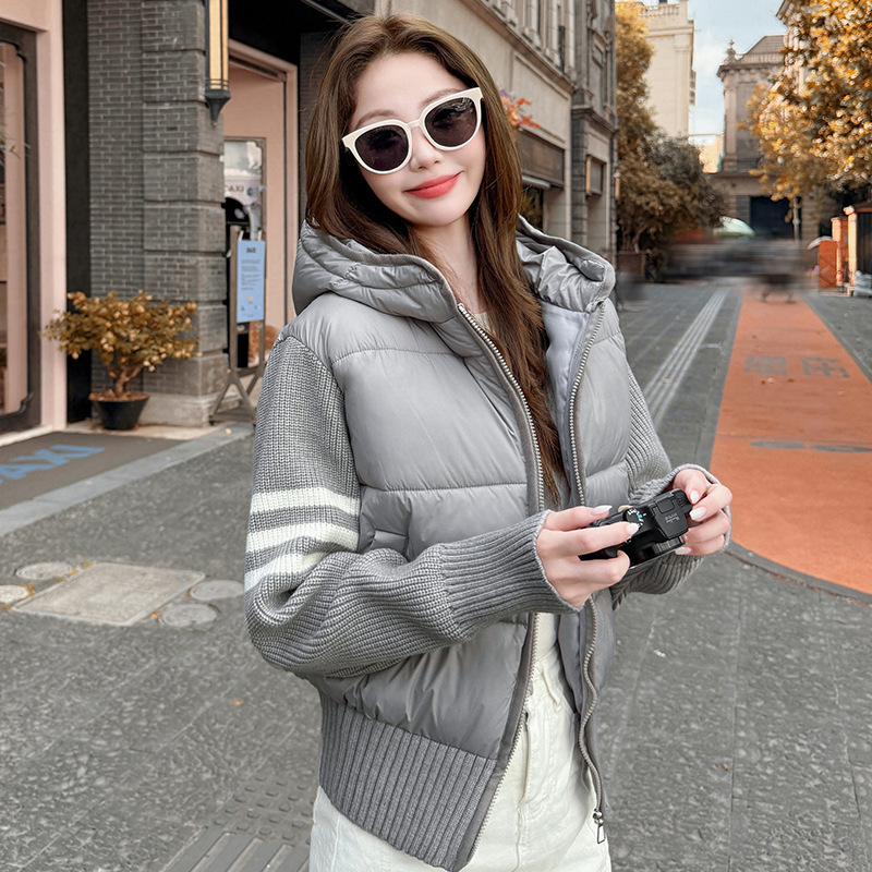 Knitted down Cotton Jacket with Short Splicing Design, New Autumn and Winter Hooded Korean Style Warm Cotton Coat for Women Knitted down Cotton Jacket with Short Splicing Design, New Autumn and Winter Hooded Korean Style Warm Cotton Coat for Women