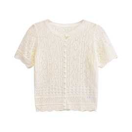 2024秋季ins女装人造珍珠排扣饰提花网眼针织衫毛衣