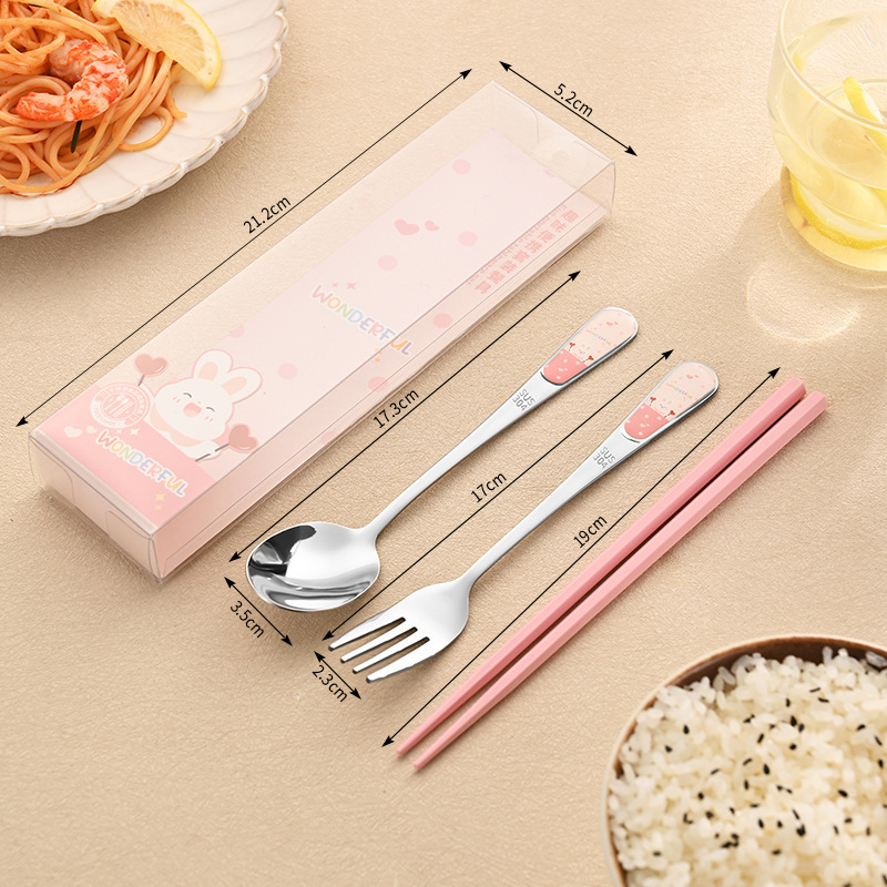 304ステンレス製携帯食器セット漫画柄子供用食器学生専用スプーンフォーク箸3点セット|undefined
