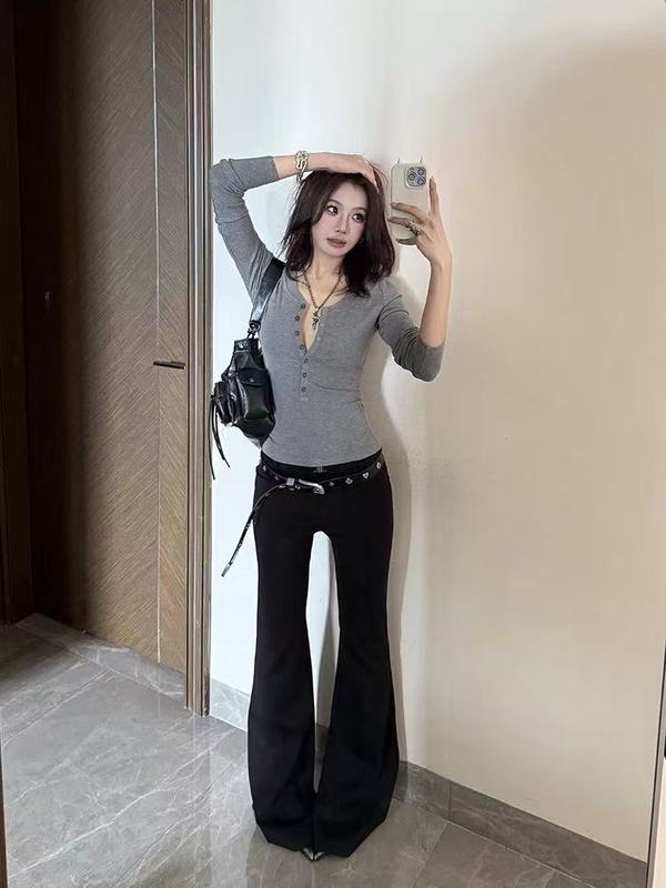 美式辣妹亨利领灰色长袖t恤女秋季内搭半开领修身显瘦打底衫上衣|undefined