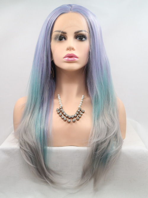 Cabello largo, azul degradado, cabello lacio, casco africano, peluca de red rosa, peluca rizada pequeña LW0267