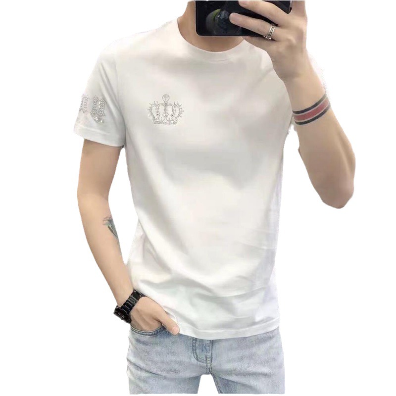 European Fashion Brand Crown Hot Diamond Short sleeved Men's High end Cotton Half Sleeve Versatile T-shirt Bottom_voghion.com