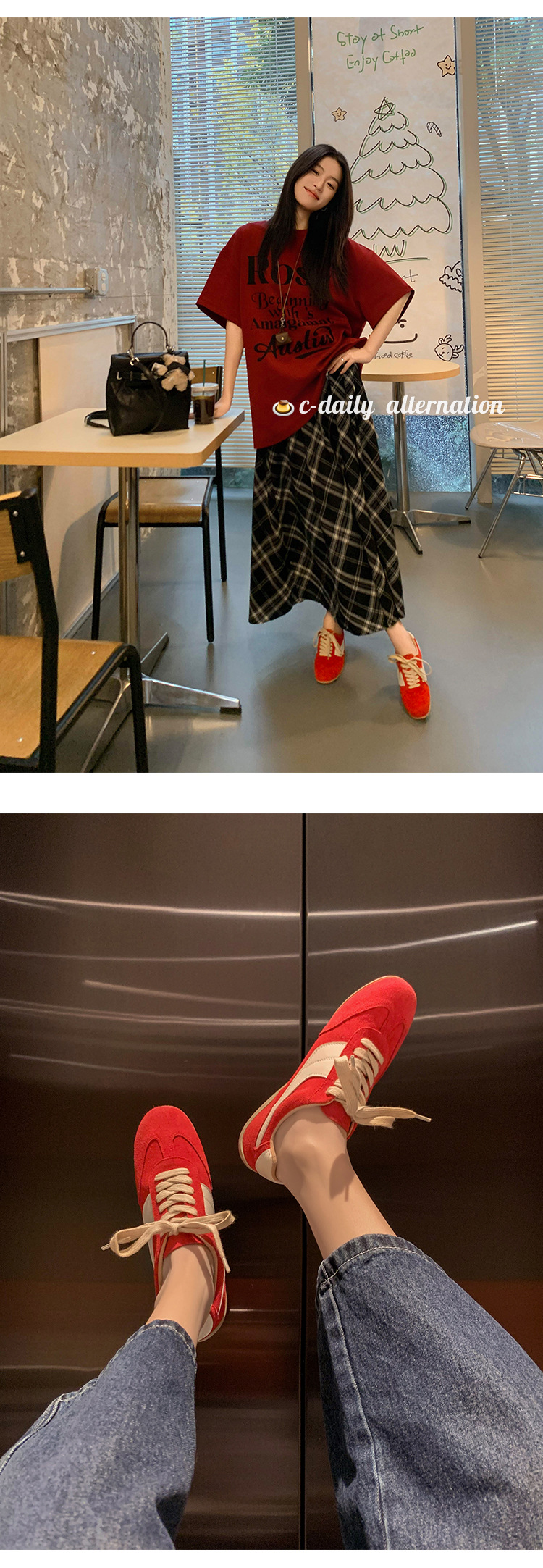 Giày sneaker nữ đế bệt mũi tròn dây buộc da thật phối màu phong cách Đức — Màu nâu chi tiết 14